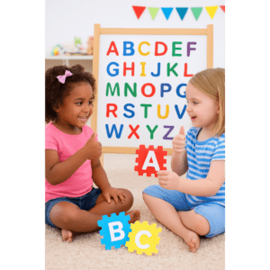 Two preschoolers learning the alphabet with colorful letter blocks during an ABC Sign with Me™ early literacy activity