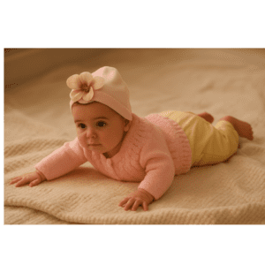 Baby practicing tummy time to strengthen muscles for crawling