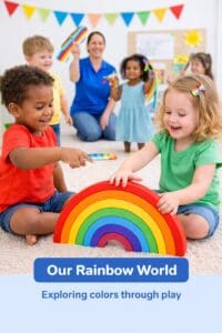 Preschool children exploring rainbow colors during a playful early learning activity in the Our Rainbow World class