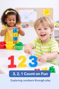 Preschool children learning numbers with counting toys and number blocks during a 3, 2, 1 Count on Fun activity