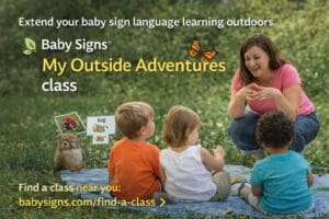 Children learning baby sign language outdoors in a Baby Signs class
