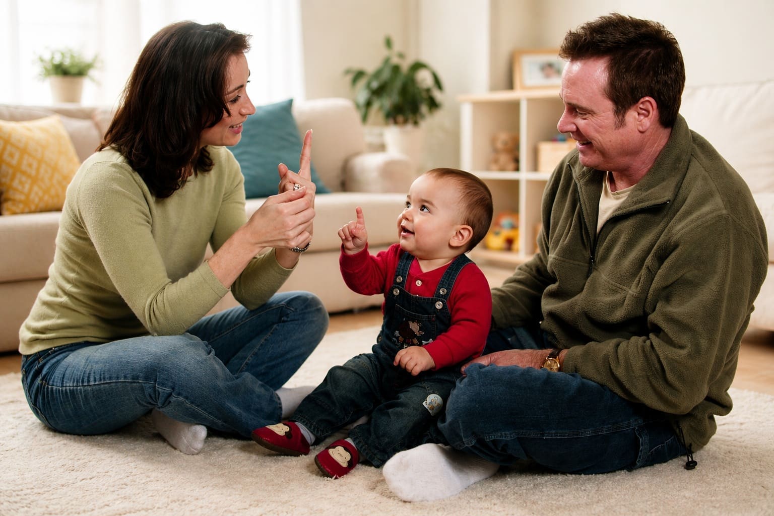 Parent teaching baby sign language using a banana during a learning moment