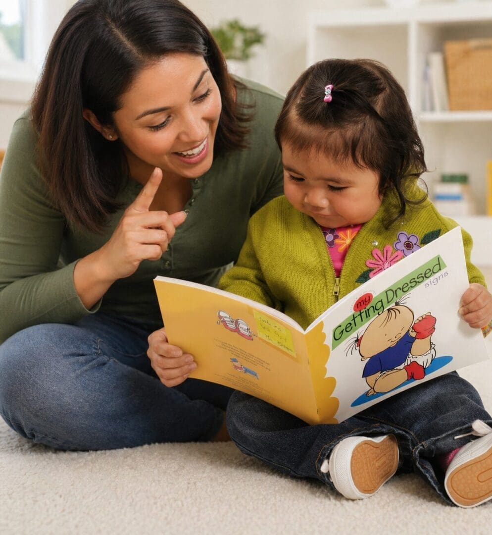 parent using baby sign language while reading to toddler supporting early literacy development