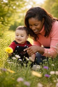 Mother teaching baby sign language outdoors while exploring flowers and nature