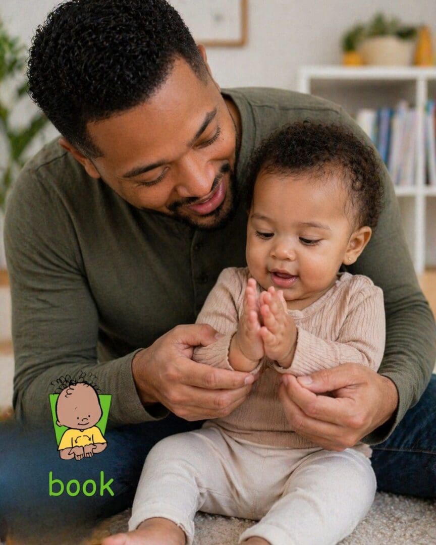 father teaching baby sign language for book during reading to support early literacy