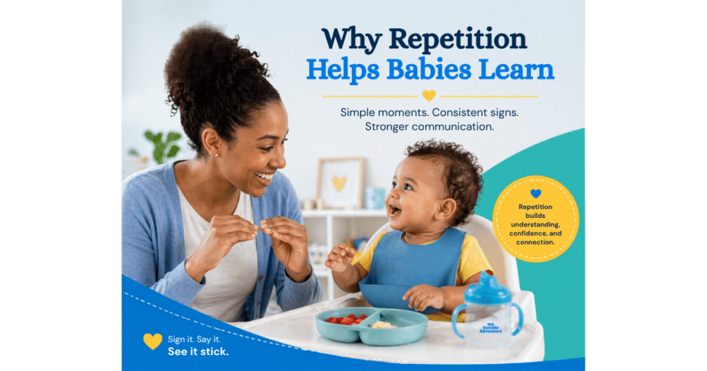 Parent and baby using the ASL sign for more during mealtime to support early communication and learning