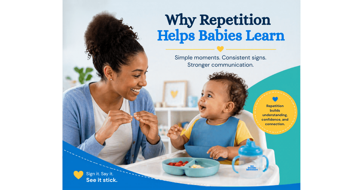 Parent and baby using the ASL sign for more during mealtime to support early communication and learning