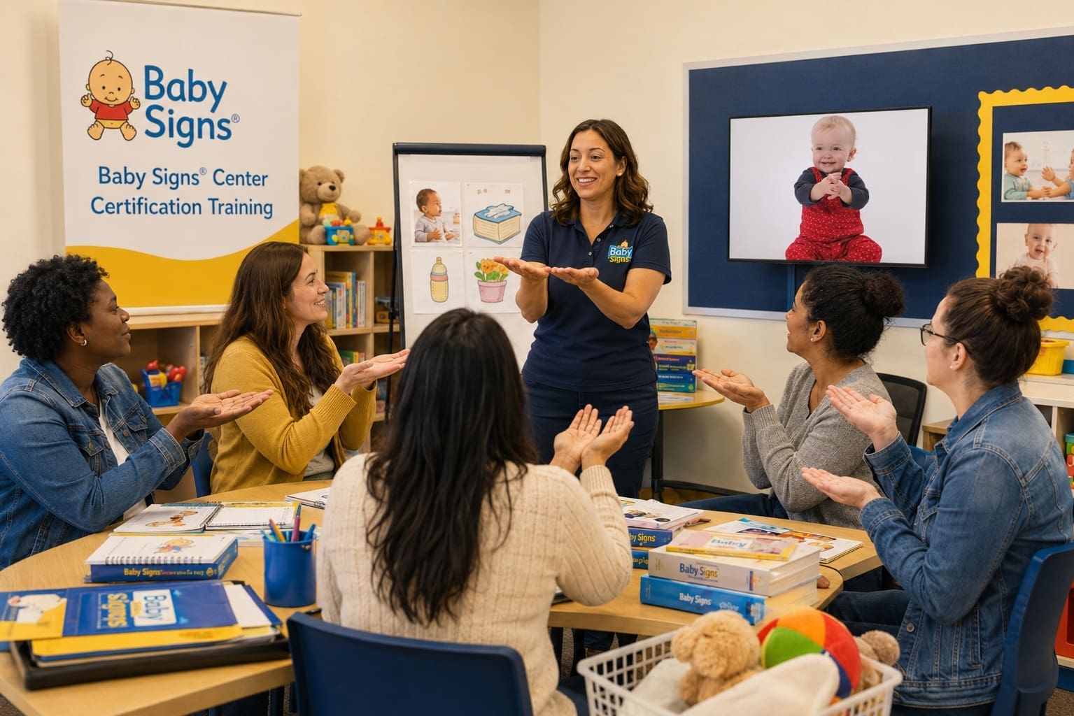 early childhood educators participating in Baby Signs Center Certification Training and learning the sign for book