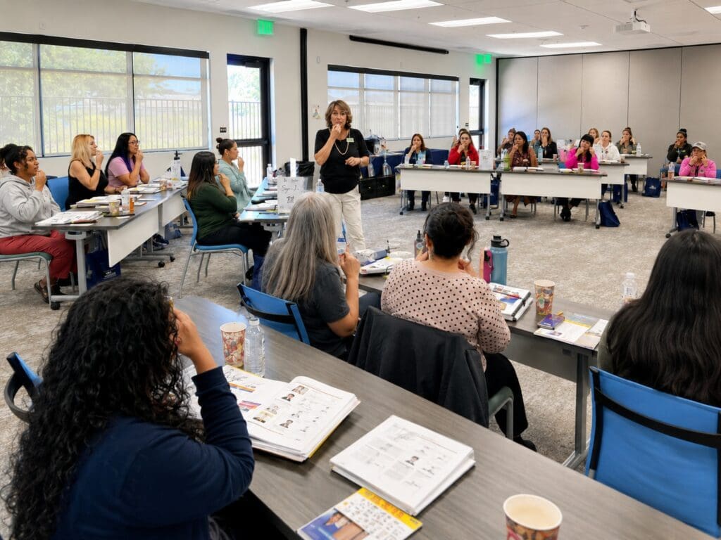 Professionals practicing the Baby Signs EAT sign during a professional development workshop