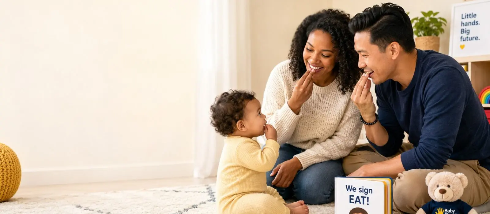 Diverse family demonstrating the Baby Signs® sign for EAT with a baby