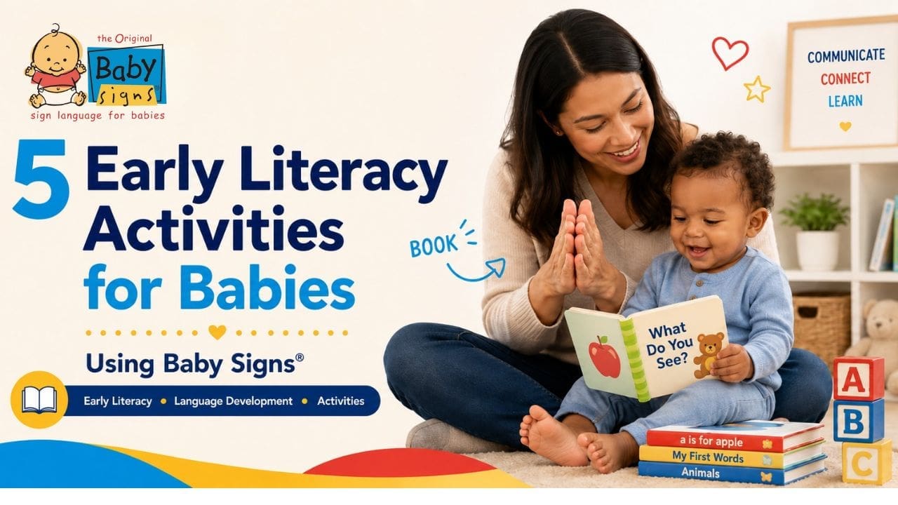 parent and baby using Baby Signs during storytime to support early literacy activities