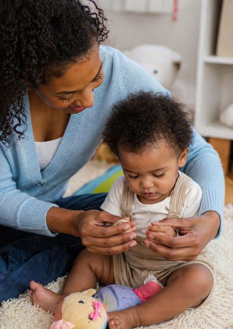Mom helping baby make the Baby Signs sign for MORE during playtime