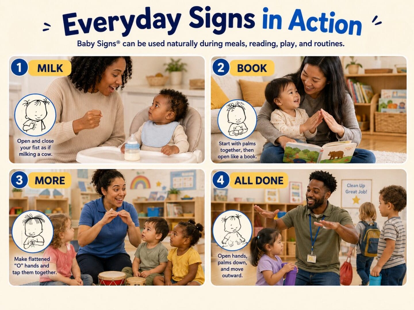 Four-panel image showing adults using the signs for MILK, BOOK, MORE, and ALL DONE with babies and toddlers during home and classroom routines.