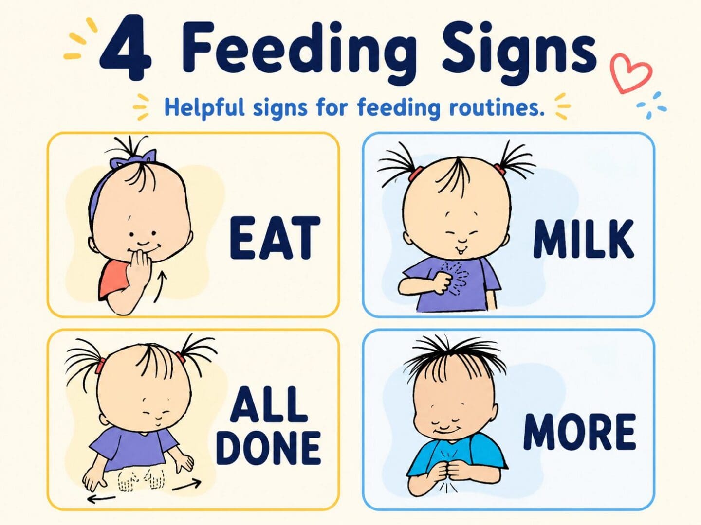 Illustrated graphic showing four baby signs for feeding routines: EAT, MILK, ALL DONE, and MORE