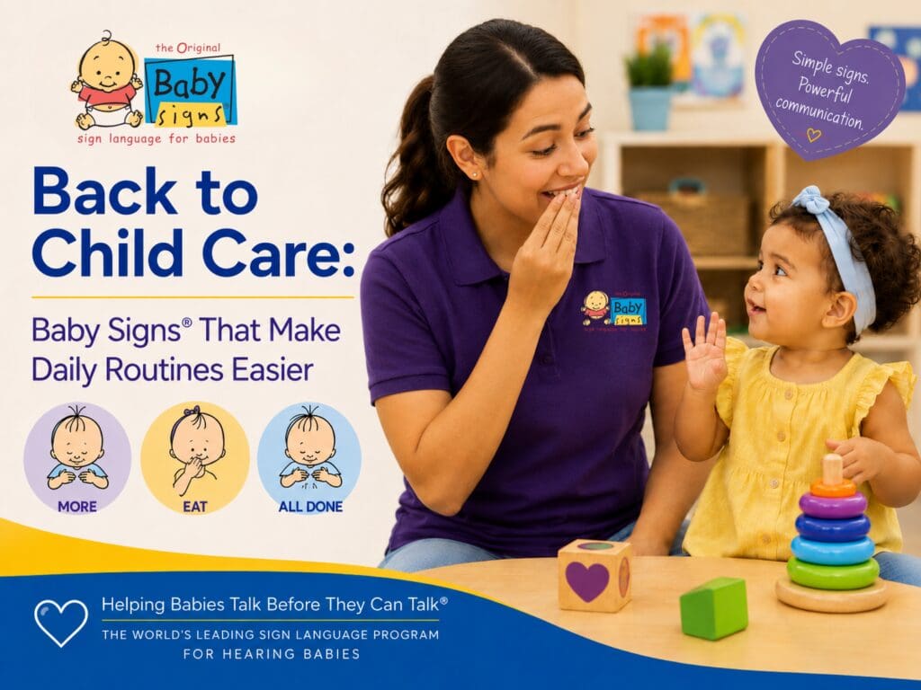 Child care provider using the Baby Signs® sign for EAT with a toddler during playtime