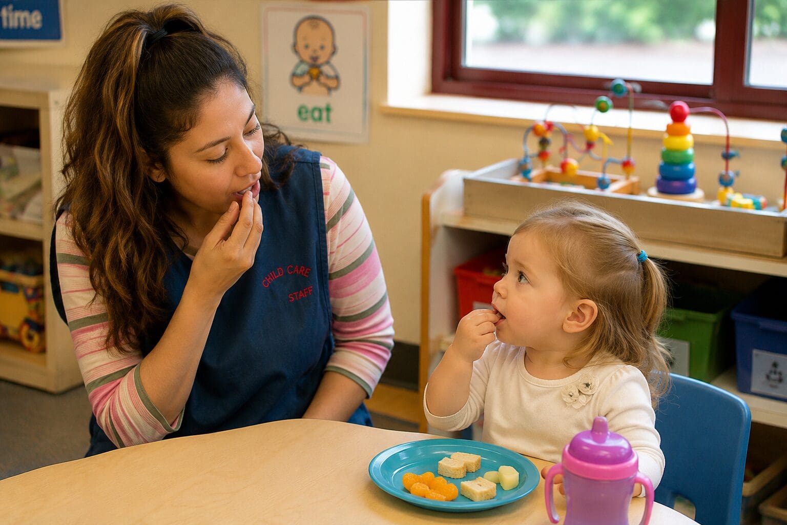 Child care provider and toddler using the sign for EAT together during snack time