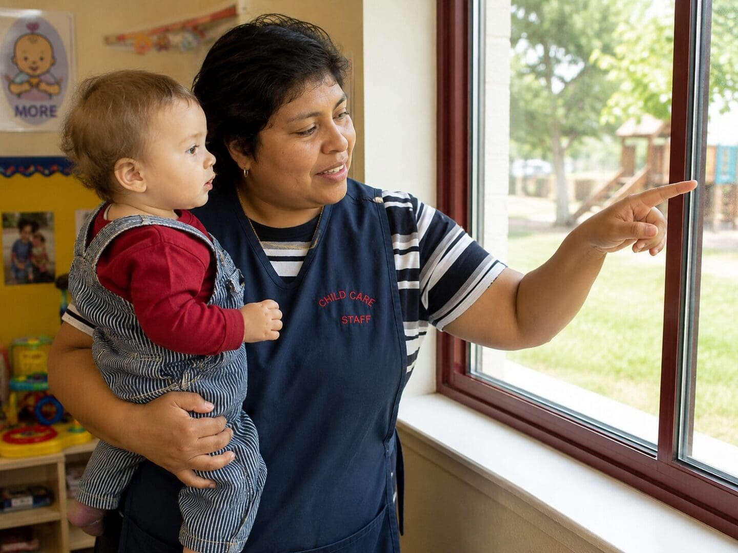 Child care provider holding a toddler and pointing outside during a shared communication moment
