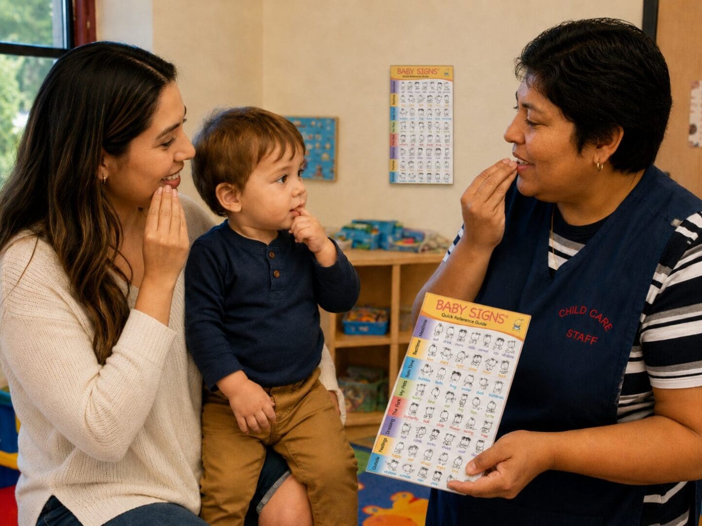 Parent and child care provider using the sign for EAT with a toddler while referencing a Baby Signs® Quick Reference Guide