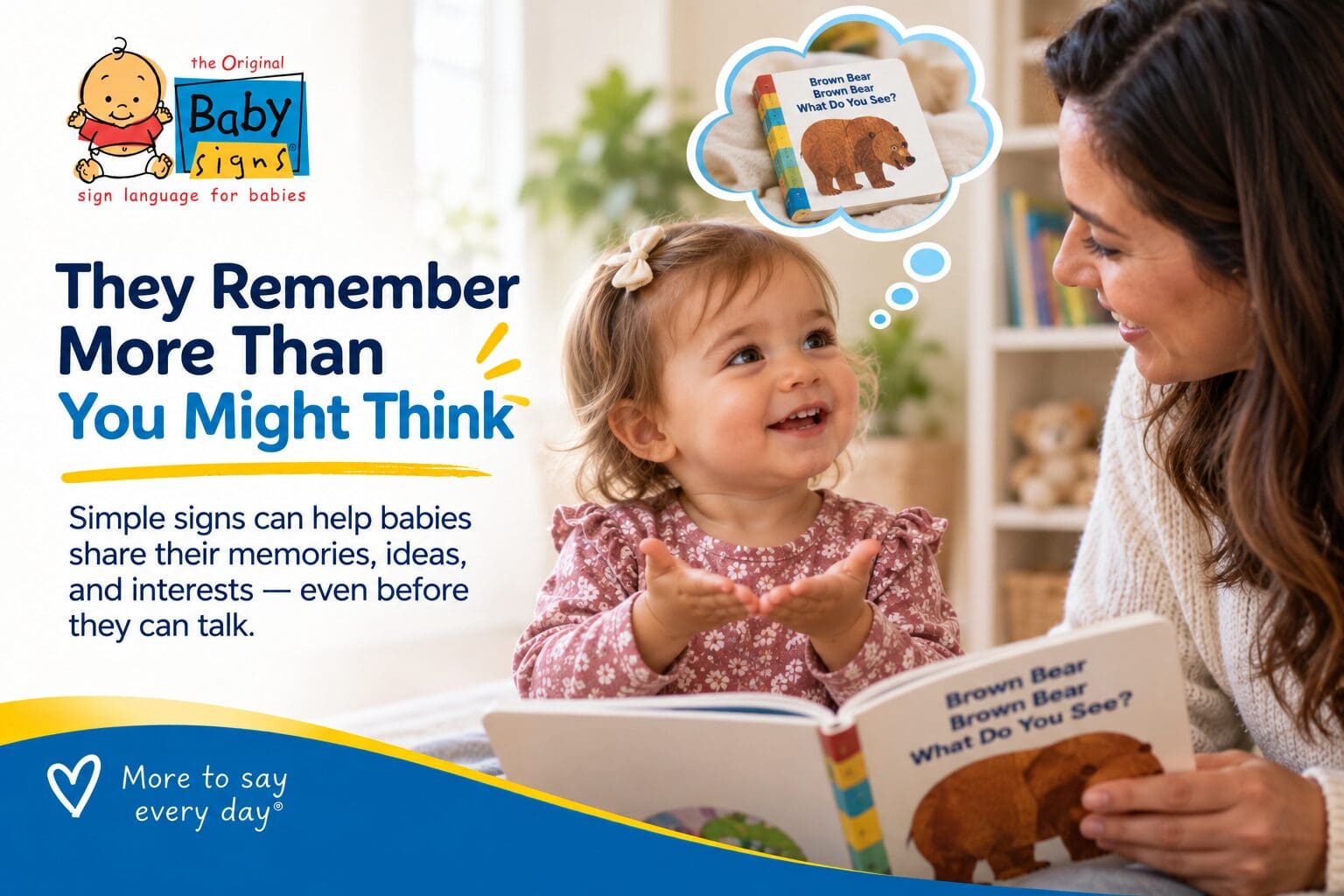 Toddler using the sign for BOOK while sharing a favorite picture book with a caregiver