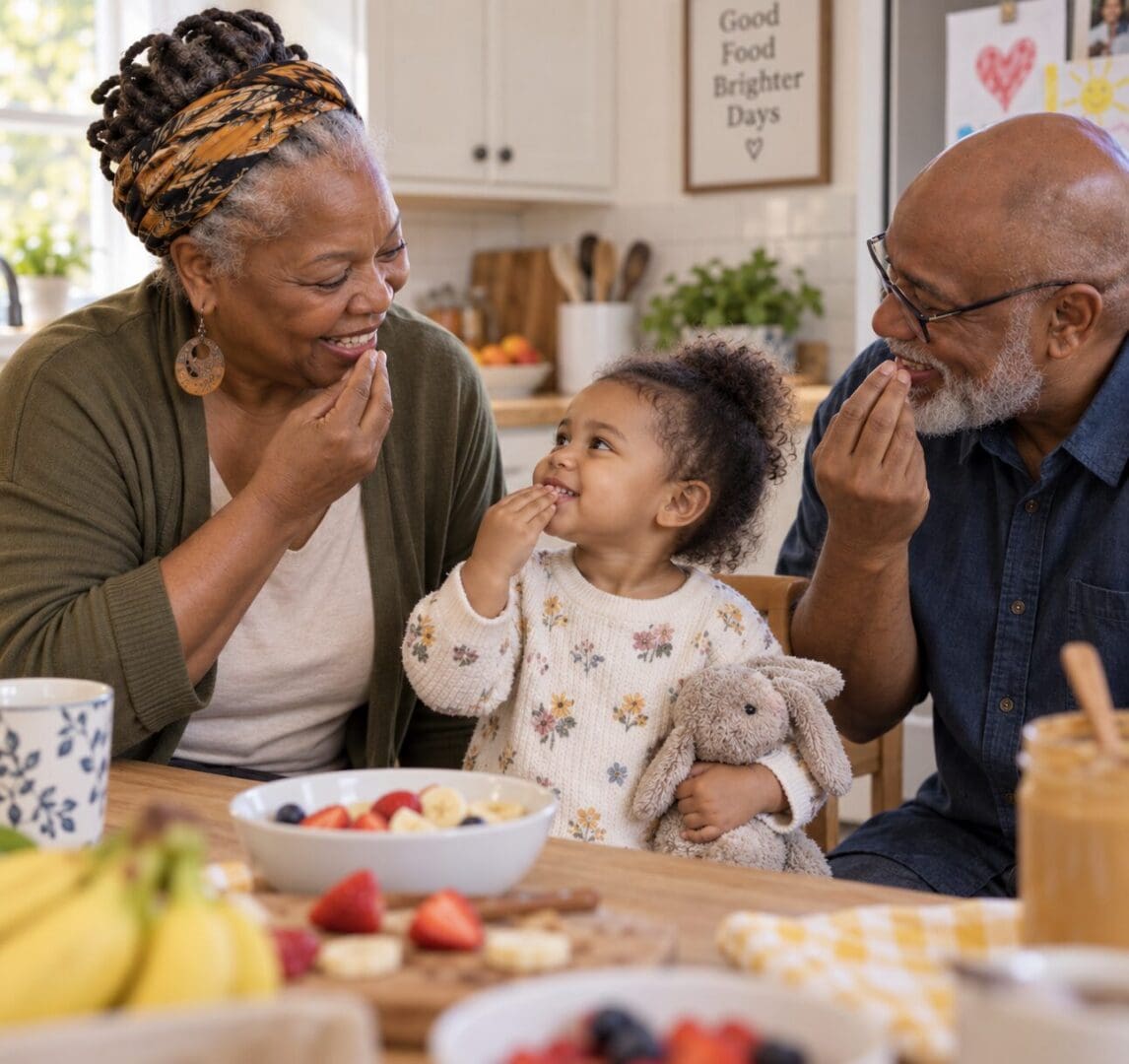 Grandmother, grandfather, and toddler using the sign for EAT together at the kitchen table