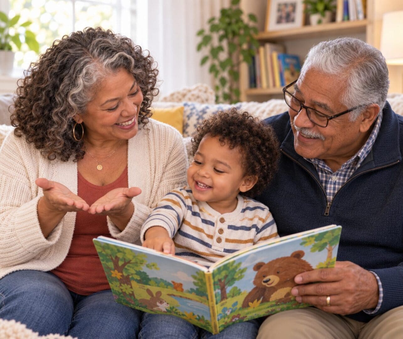 Grandmother demonstrating the sign for BOOK while reading with a grandfather and toddler
