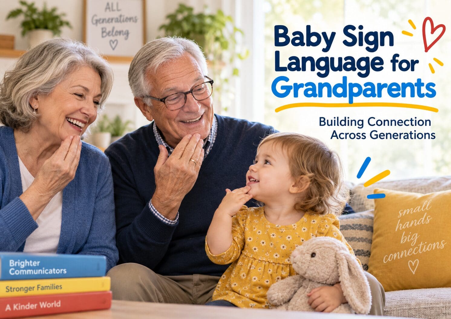 Grandmother, grandfather, and toddler using the sign for THANK YOU together at home