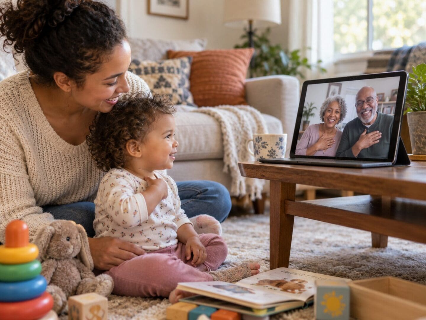 Toddler and parent video calling grandparents who are using familiar Baby Signs® together