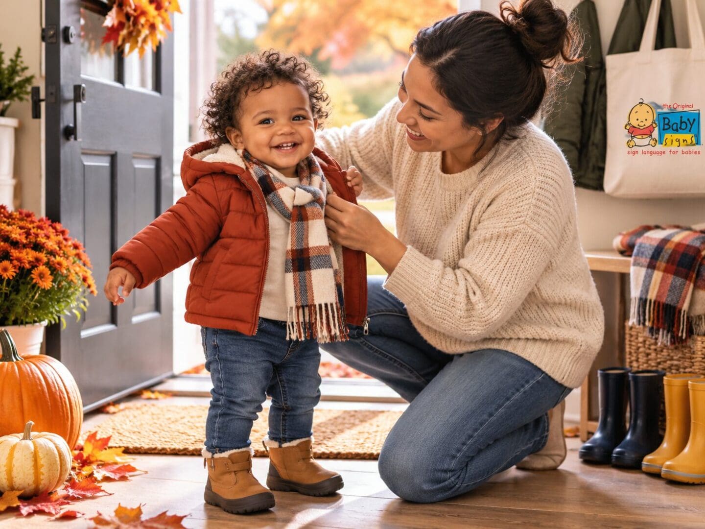 Caregiver helping a toddler put on a jacket and scarf during a fall routine