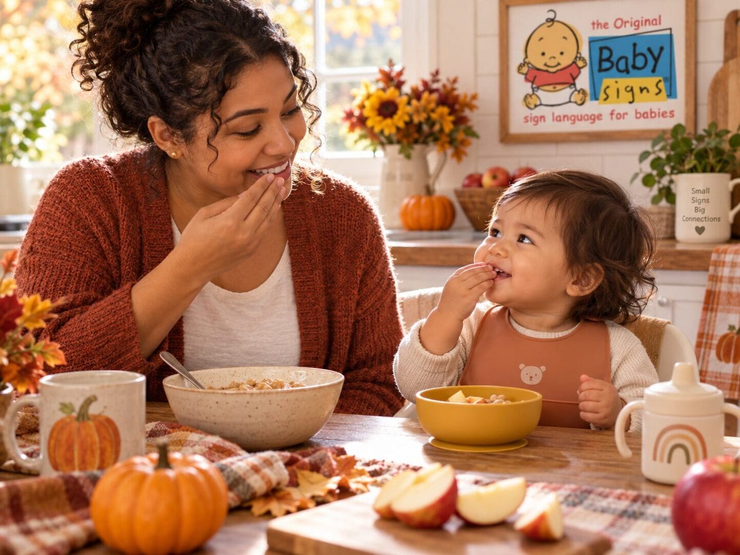 Caregiver and toddler using the sign for EAT together during a fall meal