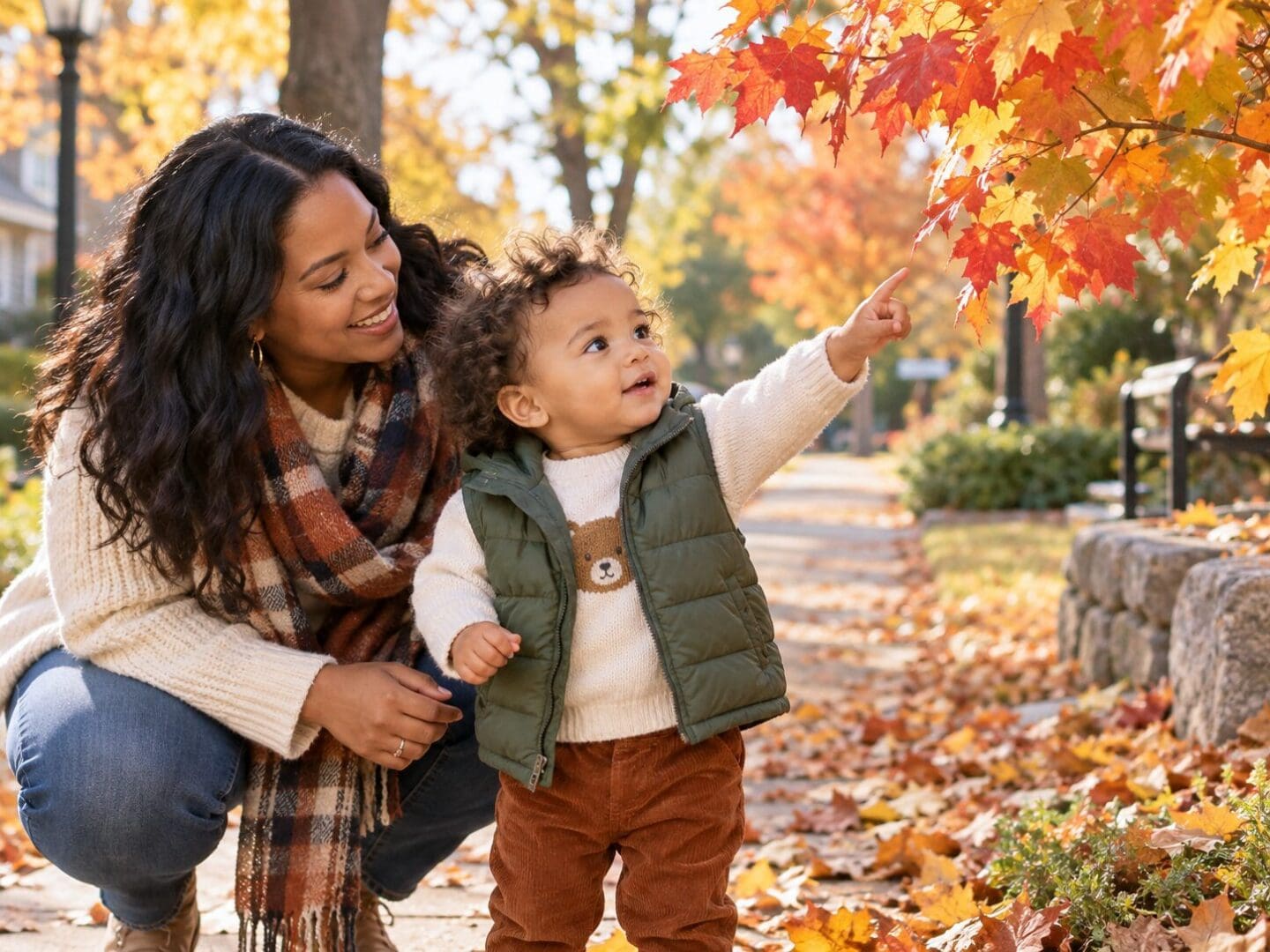 Caregiver and toddler outdoors in autumn noticing colorful leaves together