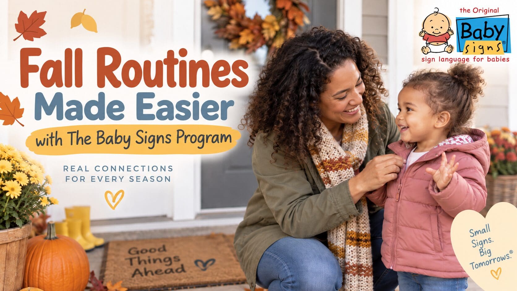 Caregiver helping a toddler put on a jacket outside in autumn for the blog Fall Routines Made Easier with The Baby Signs Program