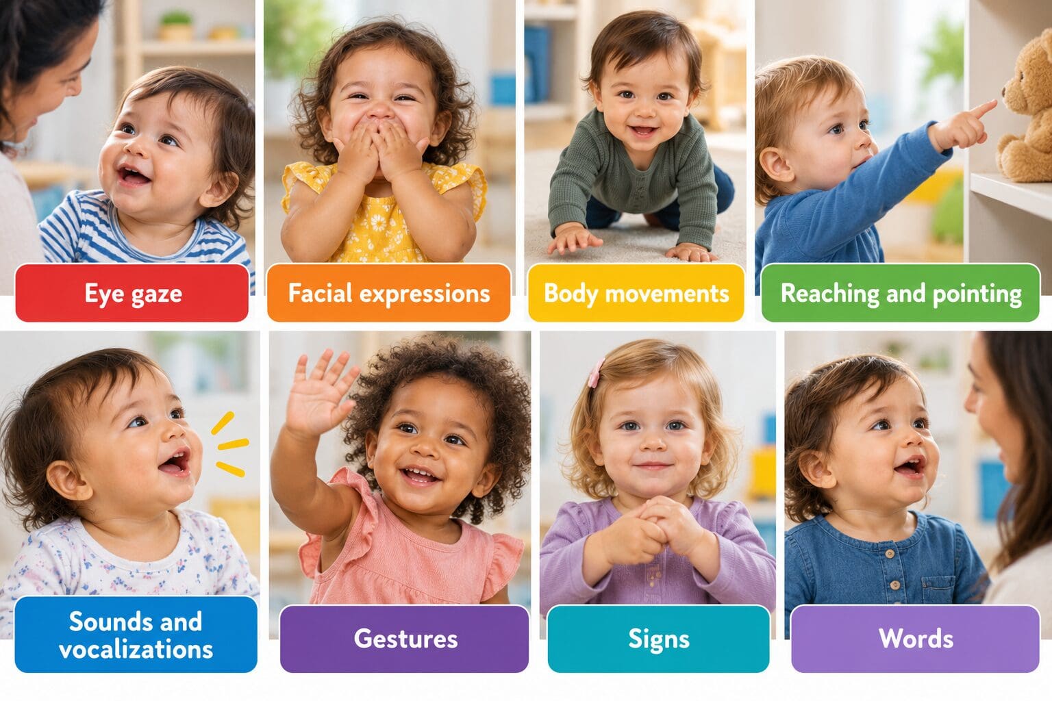Collage showing babies communicating through eye gaze, facial expressions, body movements, pointing, sounds, gestures, signs, and words.
