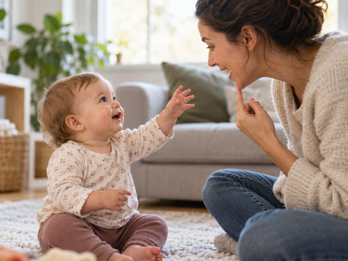 Baby reaching toward a parent during a face-to-face interaction while the parent models communication.