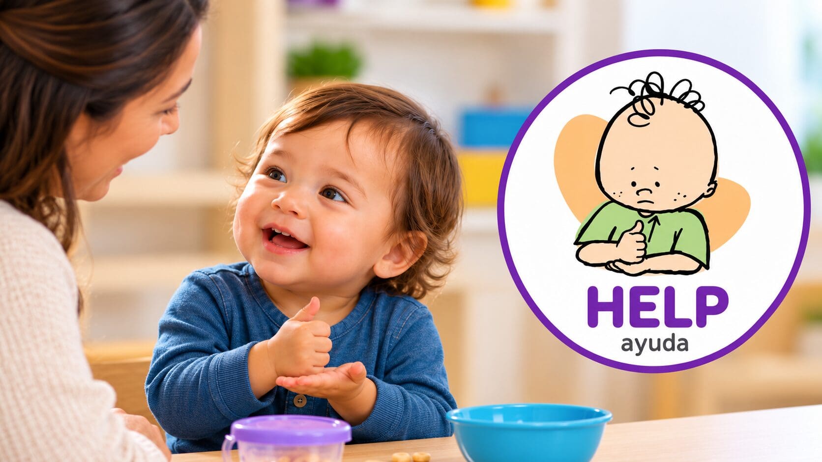 Toddler using the Baby Signs® sign for HELP with a caregiver nearby and an illustrated HELP sign example.