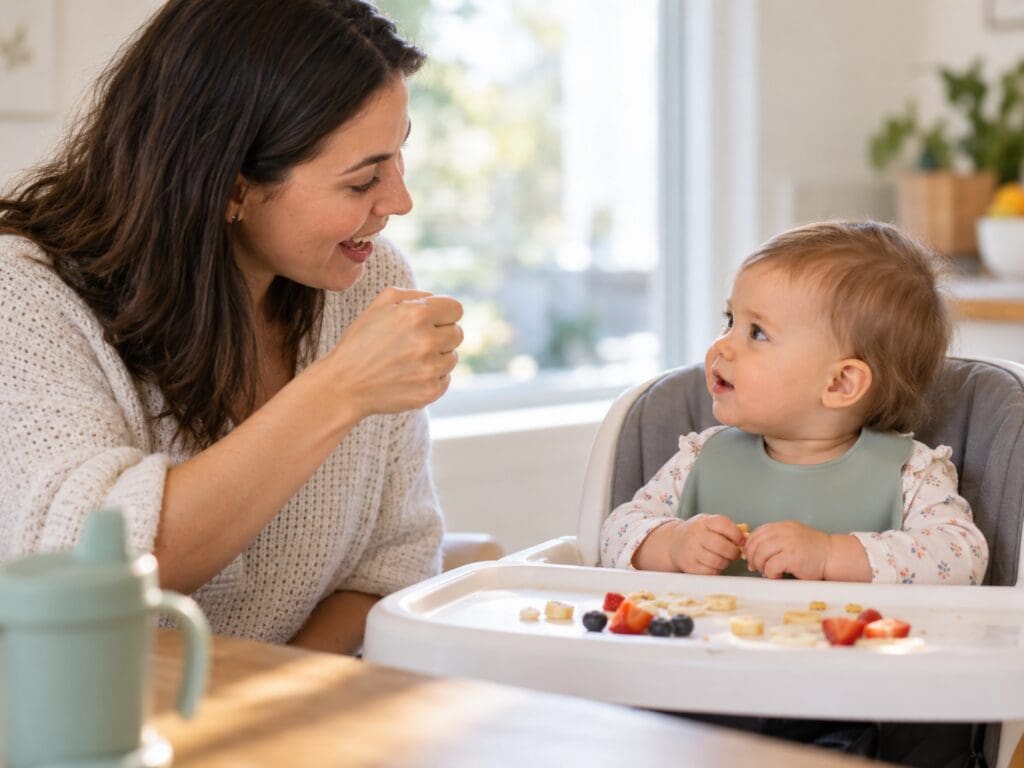 Parent modeling a sign while her baby watches attentively during mealtime.