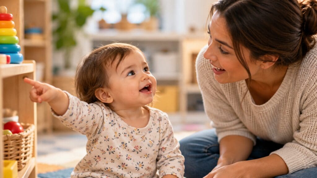 Baby pointing toward a toy while making eye contact with a caregiver during a playful interaction.
